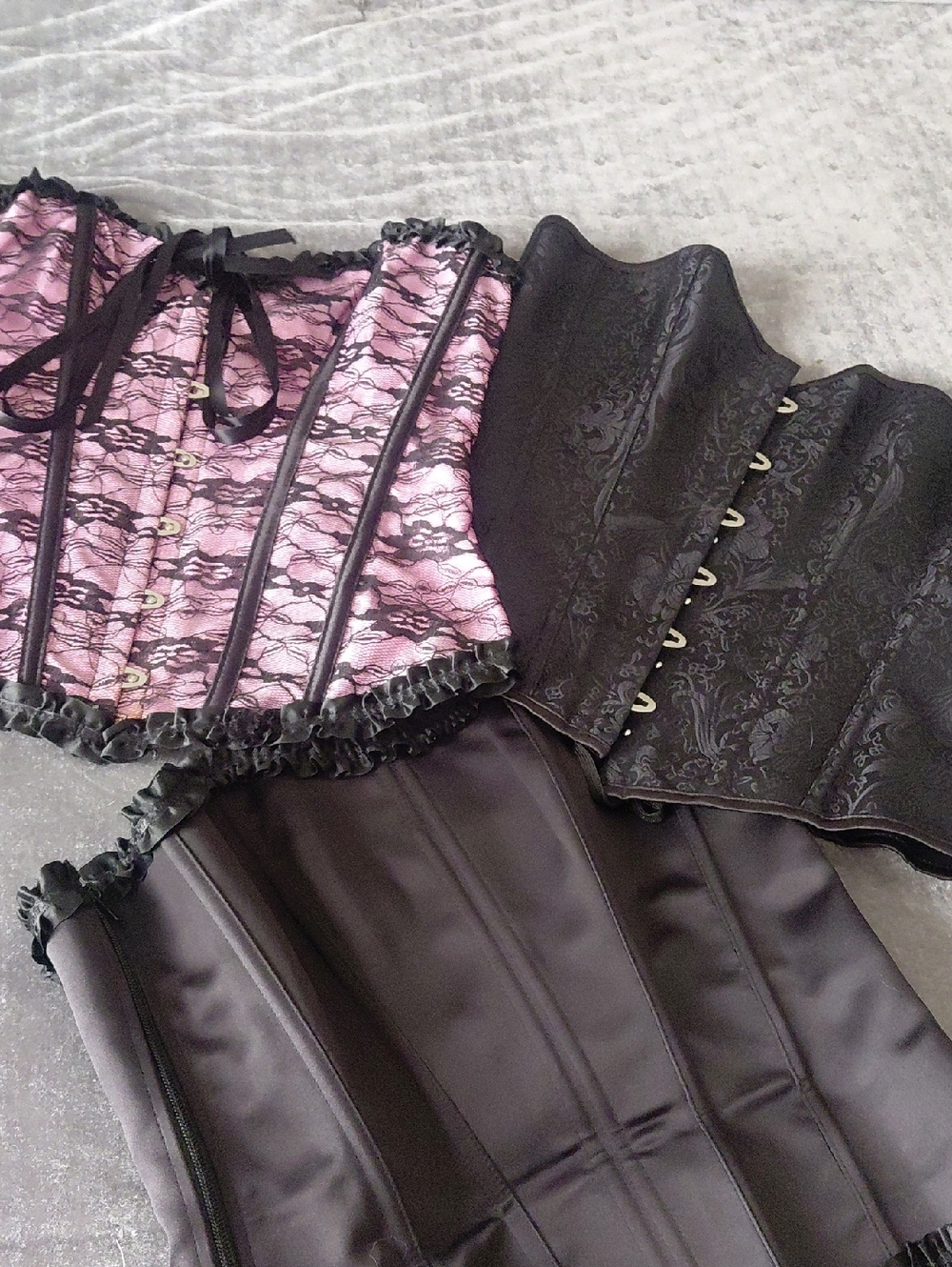 Pink Lace and Black Satin  Lace Up Corsets.. All 3for30!!